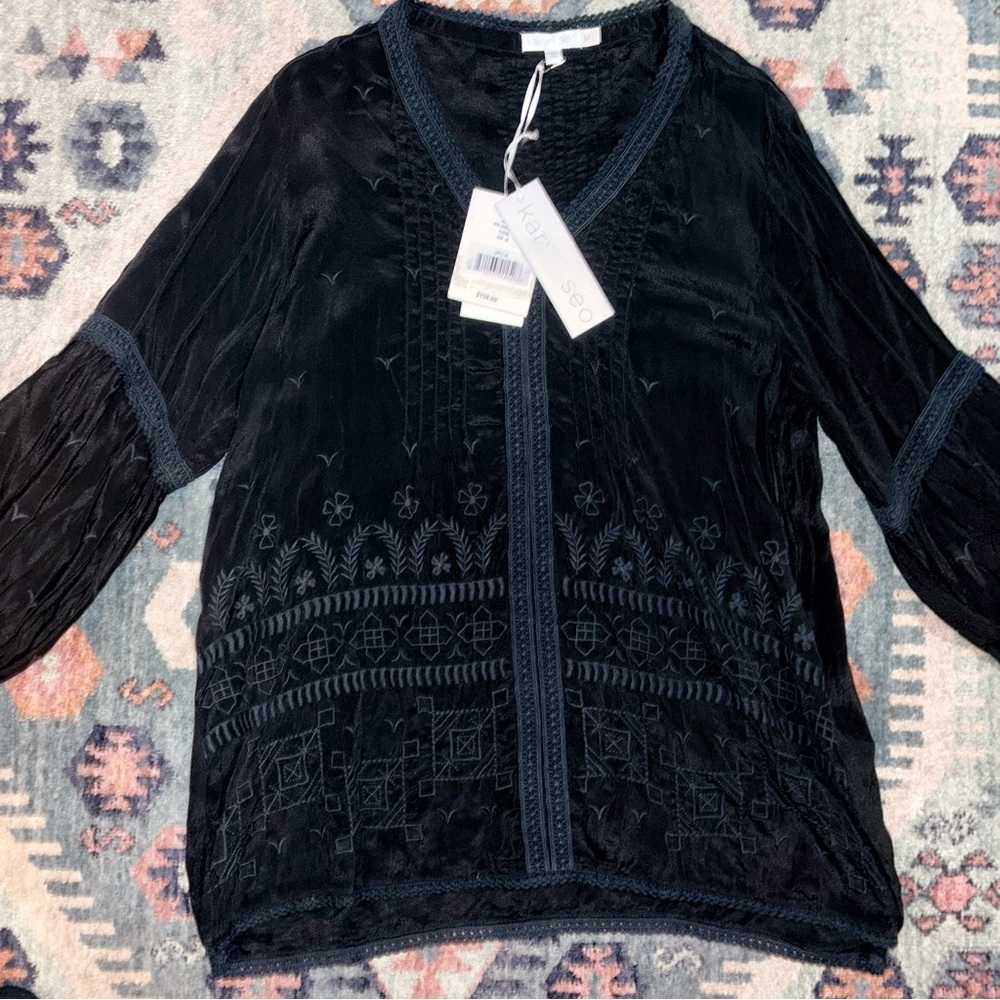 NWT Karyn Seo Black Embroidered Tunic Long Sleeves Size Medium - Picture 2 of 14